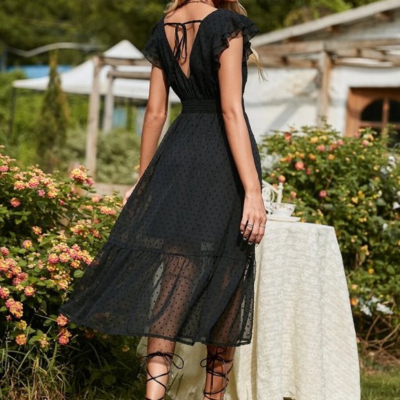 Black Split Thigh Swiss Dot Dress - Picture 5 of 6